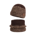 Bruine gebreide muts en sjaalset met dikke textuur en kunstlederen logo-patch voor de winter - Koffie Gemengd