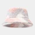 Primer plano del patchwork de lana de cordero rosa, gris y blanco en un gorro de invierno - Talla única / Estilo de Patchwork Abstracto Rosa Gris Blanco (4#色)