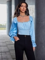Sky blue satin long sleeve bodysuit with square neck and lantern sleeves for women - S / Top And Bottom / Blue