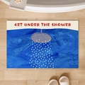 Blue and beige non-slip bathroom mat with 'GET UNDER THE SHOWER' text and cartoon nozzle - Shower Rain - Rectangle