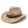 Detail of tan suede cowboy hat featuring star emblem with beetle relief and studded band - M (56-59cm) / Camel Suede