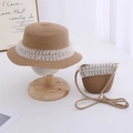 Sombrero de paja infantil y bolso a juego con encaje blanco y perlas finas - Juego de Sombrero y Bolso / café