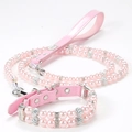 Pink double-row pearl pet collar and leash set with sparkling crystal rhinestone buckles - Pink with Pink Pearls