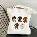 White canvas tote bag featuring five colorful cartoon dachshund dog illustrations - C7 / No Inner Pocket No Zipper