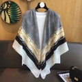 Houndstooth and gold chain pattern cotton linen large square scarf in black and beige - 130*130cm / B&W Chain Plaid (MZF-096-Black/White)