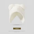 Plush white bear ear beanie with thick thermal lining for winter warmth and comfort - Bear Ear Plush Beanie (White/No Tie) / White