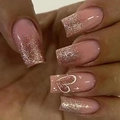 Faux ongles carrés français avec dégradé rose, paillettes or rose et motifs de cœurs - Type de Colle à Dégradé de Cœur Rose (Y-218)