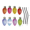 Detailed view of 8 colorful magnetic bulb decals with dimensions for holiday decoration - RFM001: 8 Bulbs + 3 Wires