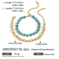 Detailansicht von Türkisperlenarmband und goldener Edelstahlkette mit Maßangaben - Türkisblaues Armband Zweiteiliges Set (JDB0306027-BL-2pcs)