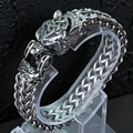 Vintage stainless steel woven chain bracelet with double wolf head clasps in silver - L539 New Wolf Head 21cm
