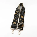 Detail of adjustable leopard print bag strap with golden metal hooks and woven texture - Grey With Gold Buckle