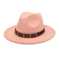 Detail of pink wool fedora with brown leather band and golden cylindrical studs - M (56-58cm) / Dusty Pink