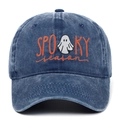 Distressed blue denim baseball cap with ghost embroidery and Spooky Season text - Adjustable / Navy Blue