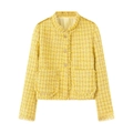 Elegant yellow tweed jacket for women featuring fringe edges and metal buttons - S / Yellow