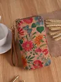 Bohemian cork wallet for women featuring colorful floral and butterfly prints with wristlet - Long Double Zipper Style C