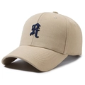 Khaki cotton baseball cap with dark blue Gothic letter R embroidery and curved brim - Khaki