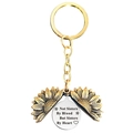 Detail of opening sunflower keychain with sisters by heart engraving on inner metal disk - T00004 Gold Sunflower Silver Disc (Not Sisters By Blood But Sisters By Heart)