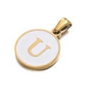 Gold round stainless steel pendant with white enamel letter U for DIY jewelry making - Letter U