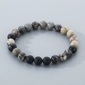 Bracciale da uomo con perle di agata nera opaca e pietre di marmo grigio in stile minimal - Agata Nera Smerigliata + Pietra Paesaggio (KB109602-Z)