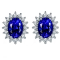 Classic silver stud earrings with oval blue stone and white halo zircon stones - Blue Diamond Earrings Tz-18