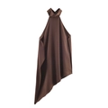 Elegant dark brown satin halter top with a modern asymmetrical hem and sleeveless design - S / Coffee