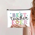 Detailed view of Best Teacher Ever canvas makeup bag with colorful floral lettering - Best Teacher Ever Style (jiayingpbb0121)