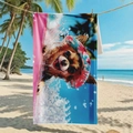Quick-dry microfiber beach towel with cute dog print and floral hat against blue ocean - B88-Pet Dog Playing in Water