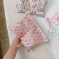 Close-up of pink heart jacquard makeup bag with simple wish label and textured fabric - Pink Heart