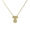 Detail of 18k gold mushroom pendant with sparkling clear zircon stones on box chain - Letter T / Gold