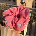 Pink scrunchie with blue trim and butterfly embroidery for a sweet dopaminergic look - Blue Trim Rose Pink Scrunchie with Blue Bow