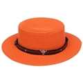 Orange flat top straw hat with a dark band and silver bull skull metal buckle - Cow Skull Studded Belt Style (298B)