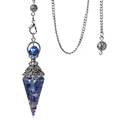 Hexagonal blue resin pendulum with colorful crushed stones and silver metal chain - Lapis Lazuli (Antique Silver)