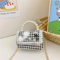 Girls mini crossbody bag in black and white houndstooth with pearl handle and charms - Black