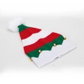Dettaglio del cappello di Natale in maglia a righe rosse e verdi con campanelli e pompon - Stile a Righe Rosso Verde Bianco (A)