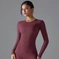 Detail of slim fit long sleeve yoga top in dark burgundy with professional athletic texture - Jujube Red (6662 Long Sleeve)