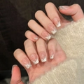 Unghie finte occhio di gatto fatte a mano rosa nudo con punte francesi glitter argento - 2812-Extra Corto Coffin (Taglia XS)