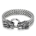 Men's silver-tone stainless steel bracelet featuring double dragon head clasp and woven chain - Double Dragon Head Style (KB139890-KJX)