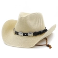 Sombrero de paja Panamá estilo vaquero occidental con hebillas de metal turquesa - M (56-58cm) / Beige