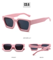 Pink square sunglasses detail view showing front back and side angles with grey lenses - Pink Frame Dark Grey Lens