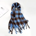 Blue and brown plaid mohair scarf with fringe trim laid flat on a white background - Blue Brown Plaid