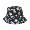 Detailed view of black bucket hat with white palm tree print and durable cotton fabric - 58cm / Black