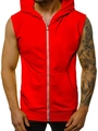 Detail view of red men's hooded sleeveless cardigan with zip and side pockets - M / Tops / Red