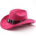 Macro detail of rose red suede cowboy hat with turquoise beaded ethnic band decor - M(56-58cm) / Rose Red