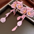 Pink floral drop earrings with rhinestone details and long dangling flower tassels - 43# Pink Hollow Long Tassel (Steel Pin)