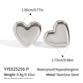 Polished silver heart stud earrings in stainless steel with detailed size measurements - Silver (YYE025256-P)
