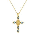 Collier croix religieuse dorée avec pierres marquises bleues et emblème Marie - Bleu
