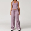 Two-piece lavender yoga set featuring a halter V-neck tank top and wide-leg trousers - Vest+Pants-Lavender