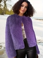 Detail of purple faux fur texture and long sleeve design on a cropped winter jacket for women - S / Purple