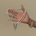 Elegant double-layer pearl jewelry set with rhinestone pendant necklace, earrings and bracelet - Silver-White Set