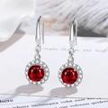 Halo design drop earrings with red round main stone and pave diamond frame in silver finish - Red Diamond Four-prong Round Earrings Led-98